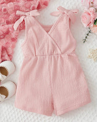 Baby Girl Summer Pink Color Cross Wrap V-Neck Sleeveless Romper