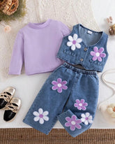 Baby Girl 3-Piece Purple Floral Outfit Set – 3D Flower Vest, Long Sleeve Top & Wide-Leg Pants