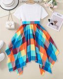 Tween Girl Heart Printed Patchwork Plaid Hem Dress