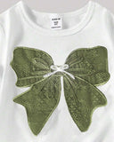 Girls’ Green Embroidered Bow White Short Sleeve Top & Cargo Pants Set