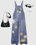 Girls' One-Piece Floral Denim Overalls