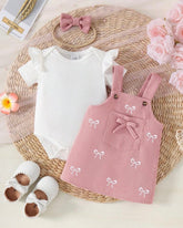 Baby Girls 3pc Set- Cap Sleeve Bodysuit + Pink Suspender Skirt + scrunchie