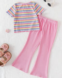 Kids Girl's Striped Pink Embroidered Flare Pants Set