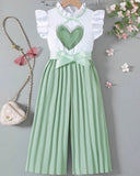 Kids Green Flounce Sleeve Top & Wide Leg Pants Set