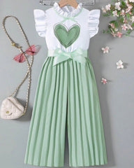 Kids Green Flounce Sleeve Top & Wide Leg Pants Set