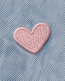 Girls Light Blue Denim Jumpsuit with Pink Heart Embroidery & Bow