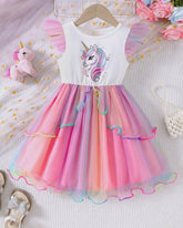 Young Girls Unicorn Cap Sleeve Gradient Princess Dress