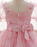 Girls Pink Floral Princess Dress with Petal Sleeves & Back Bow