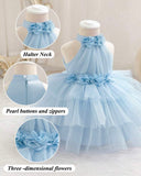 Girls Floral 3D Decor Sleeveless Tulle Ice Blue Dress