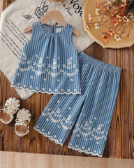 Baby Girls Blue Sleeveless Co-Ord Set – Printed Embroidered Hem Top & Wide-Leg Pants