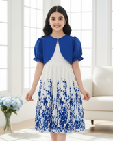 Girls 2-Piece Blue Floral Print Pleated Dress & Cardigan Set