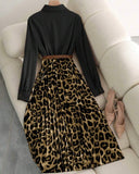 Women's Elegant Waist Cinched Slim Fit Leopard Print Pleated Flare Maxi Dress