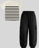 2pcs Boys Striped White & Black Polo Style Shirt And Pants Set