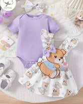 3pcs Baby Girls Purple Ribbed Romper & Ruffled Overall Dress Set with Bow Headband