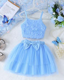 Girls Baby Blue Floral Embroidery Top & Tulle Skirt 2-Piece Set