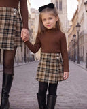 Girls Knit Brown Turtle Collar Top & Plaid Skirt Set