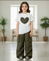 Girls’ Green Heart Print Short Sleeve T-Shirt & Cargo Pants Set