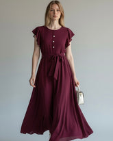 Casual Bold Plum A Line Midi Dress With Ruffle Short Puff Sleeves And Round Neck