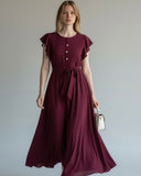 Casual Bold Plum A Line Midi Dress With Ruffle Short Puff Sleeves And Round Neck