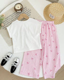 2 pcs White T-Shirt & Pink Bow Design Loose Pants