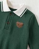 2pcs Baby Boy Green Polo Bear Shirt & Beige Winter Pants