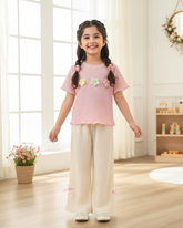 Girls Pink 3D Floral Textured T-Shirt & Pants Set – 2pcs Casual Outfit