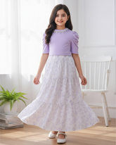 Tween Girl 2Pcs Outfit – Light Purple Faux Pearl Top & Floral Ruffle Skirt Set