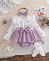 Baby Girl 3D Purple Heart Flutter Sleeve Denim Overall Bodysuit + headband and Socks