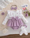 Baby Girl 3D Purple Heart Flutter Sleeve Denim Overall Bodysuit + headband and Socks