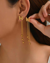 3D Butterfly Design Tassel Decorated Stainless Steel Dangle Earrings