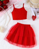 Girls Red Floral Embroidery Top & Skirt 2-Piece Set