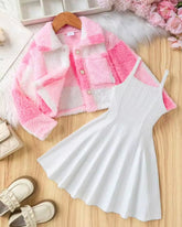 Autumn/Winter Girls' Casual Chic Fluffy Jacket & Cami Dress