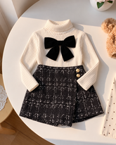 Apricot knitted Bow Turtle Neck Top & Plaid Shorts