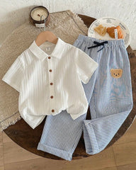 Kids 2pcs Young Boy Woven White Casual Shirt And Striped Casual Pants