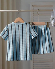 Boys Blue Waffle Stripe 2pcs Summer Set – T-Shirt & Shorts