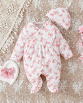 Newborn Baby Girl Pink Bow Print Ribbed Knit Footed Romper Set