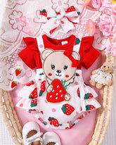 Baby Girls' Ruffle Sleeve Patchwork Cartoon Bear Bow Embroidered Dress + Headband