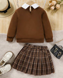 Young Girl Contrast Collar Sweatshirt & Plaid Pleated Skirt