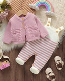 Newborn Baby Pink and White Striped Cardigan + Suspender Romper