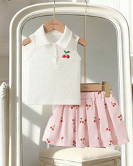 2pcs Baby Girl Cherry Embroidery Sleeveless Top & Short Pleated Skirt