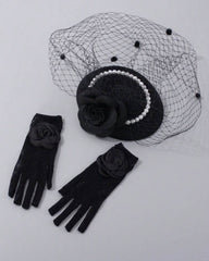 1 Set Black Children's Vintage Headpiece Hat And Mesh Gloves