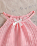 2pcs Baby Girls’ Pink colour Spaghetti Strap Camisole Top With 3D Bow Decor Straight Leg Pants Set