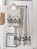 Tween Girls Sleeveless Co-Ord Set – Printed Embroidered Hem Top & Wide-Leg Pants