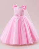 Girls Pink Floral Lace Princess Dress – Bowknot Long Gown