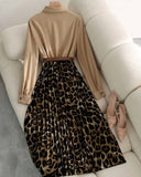 Women's Elegant Waist Cinched Slim Fit Leopard Print Pleated Flare Maxi Dress