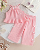2pcs Baby Girls’ Pink colour Spaghetti Strap Camisole Top With 3D Bow Decor Straight Leg Pants Set