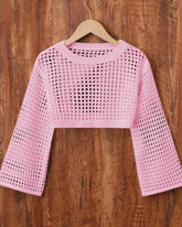 Tween Girls Pink Crew Neck Long Sleeve Hollow Knitwear