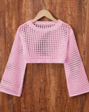 Tween Girls Pink Crew Neck Long Sleeve Hollow Knitwear