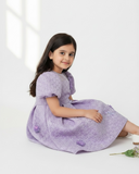 Girls Lilac Chiffon Floral Dress – Puffy Sleeve Princess Party Dress, Elastic Waist Summer Outfit for Kids