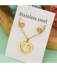 2 Sets Stainless Steel Gold-Tone Heart & Stars Necklace Chain & Earrings Set